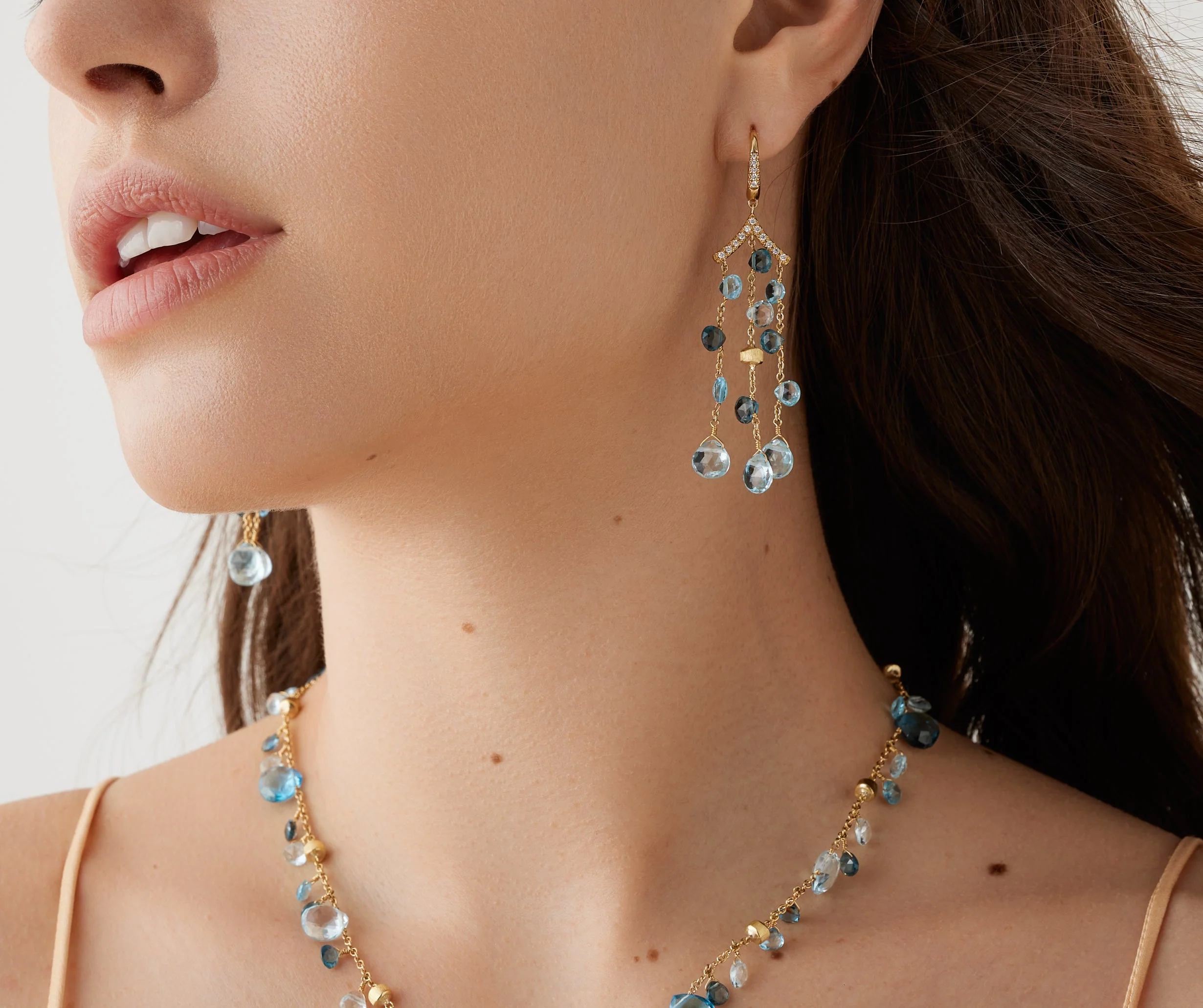 18K Yellow Gold Blue Topaz Chandelier Earrings with Diamonds, 2.5" - Image 2