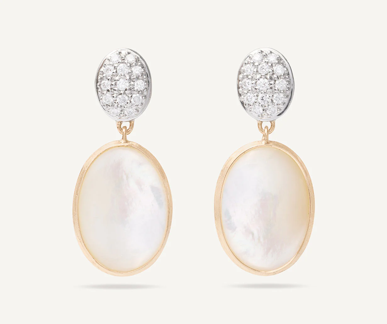 18K Yellow Gold Mother of Pearl Earrings with Diamonds, 1"