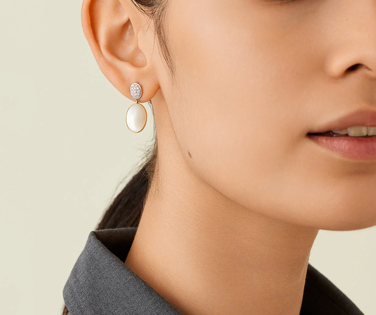18K Yellow Gold Mother of Pearl Earrings with Diamonds, 1" - Image 2