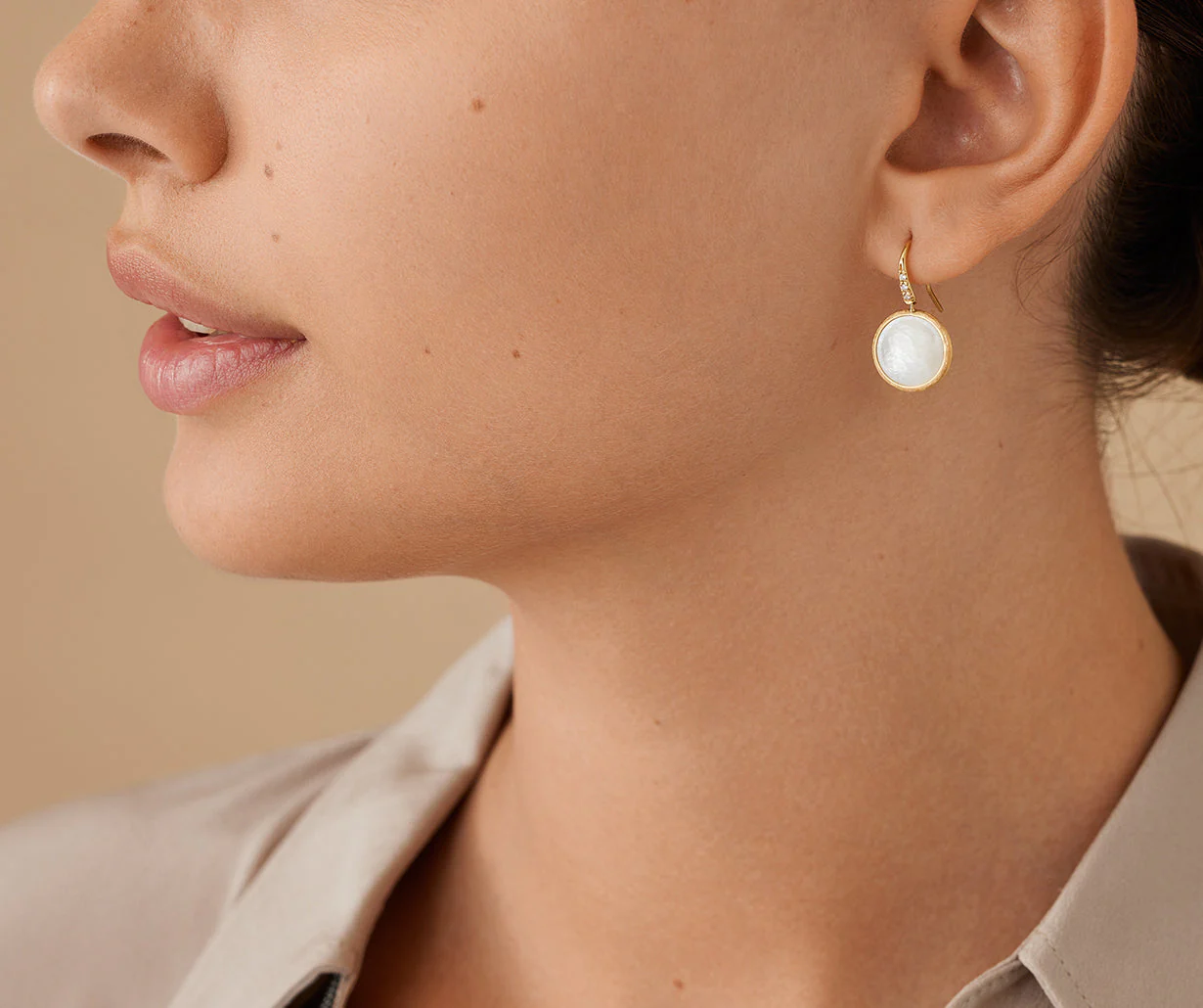18K Yellow Gold Mother of Pearl Earrings with Diamonds, 0.85" - Image 2