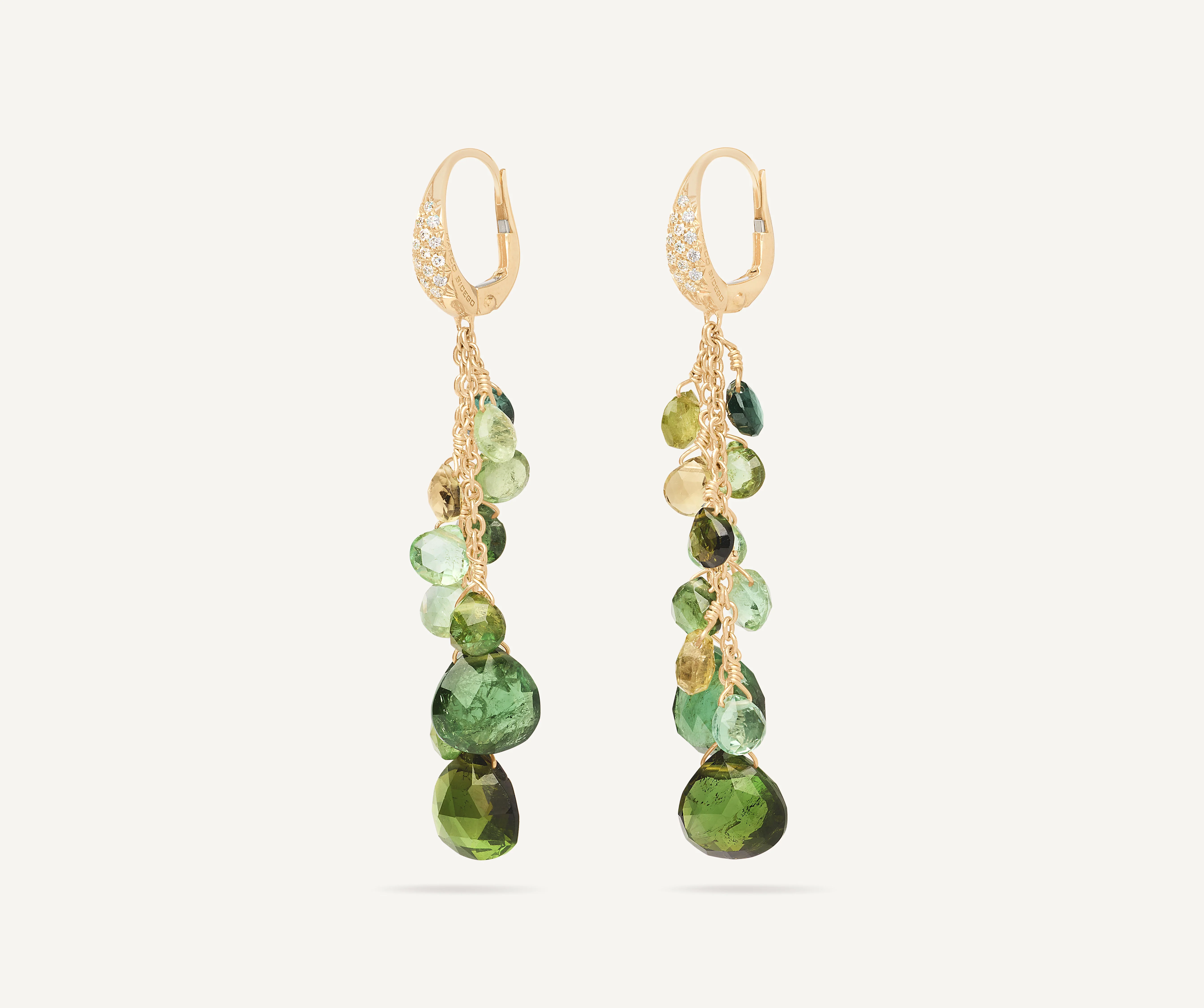 18K Yellow Gold Green Tourmaline Two Strand Earrings with Diamonds, 2"