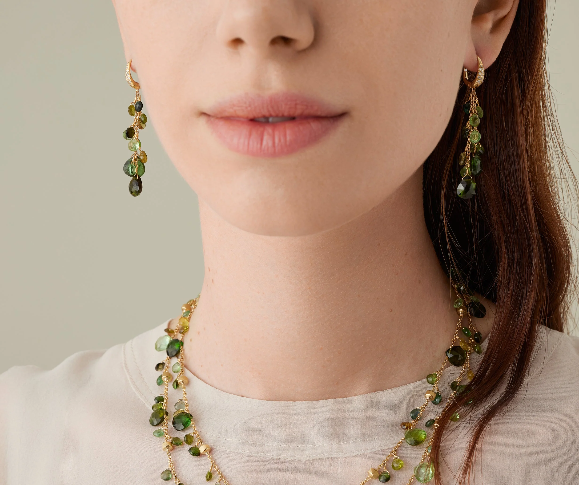 18K Yellow Gold Green Tourmaline Two Strand Earrings with Diamonds, 2" - Image 2