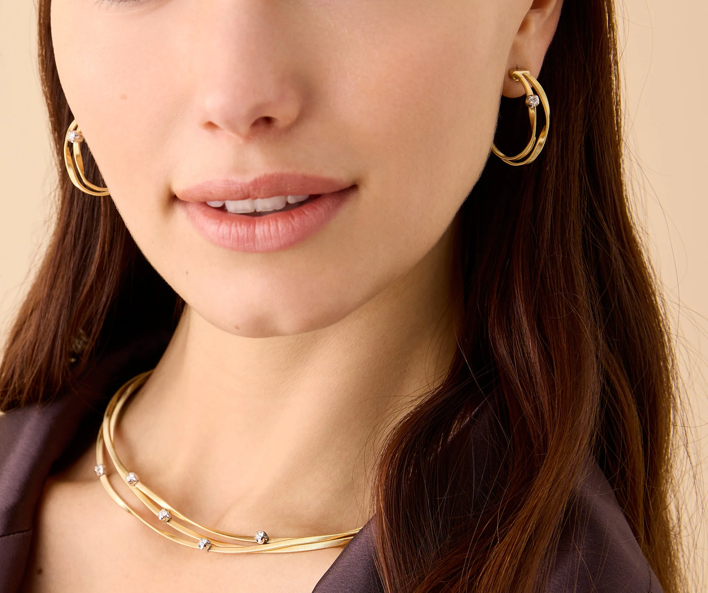 18K Yellow Gold Coil Hoops with Diamond Stations, 1" - Image 2