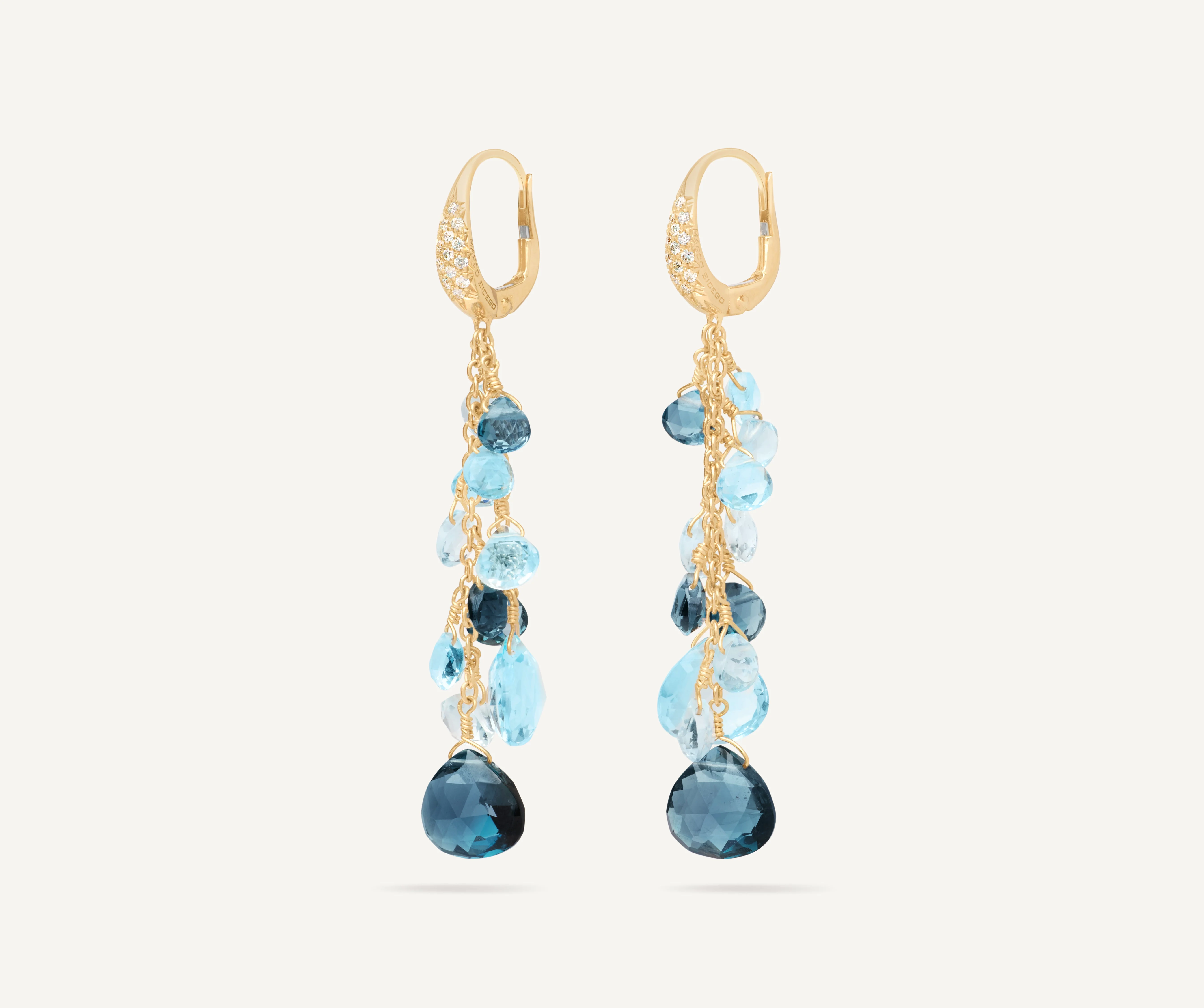18K Yellow Gold Blue Topaz Two Strand Earrings with Diamonds, 2"