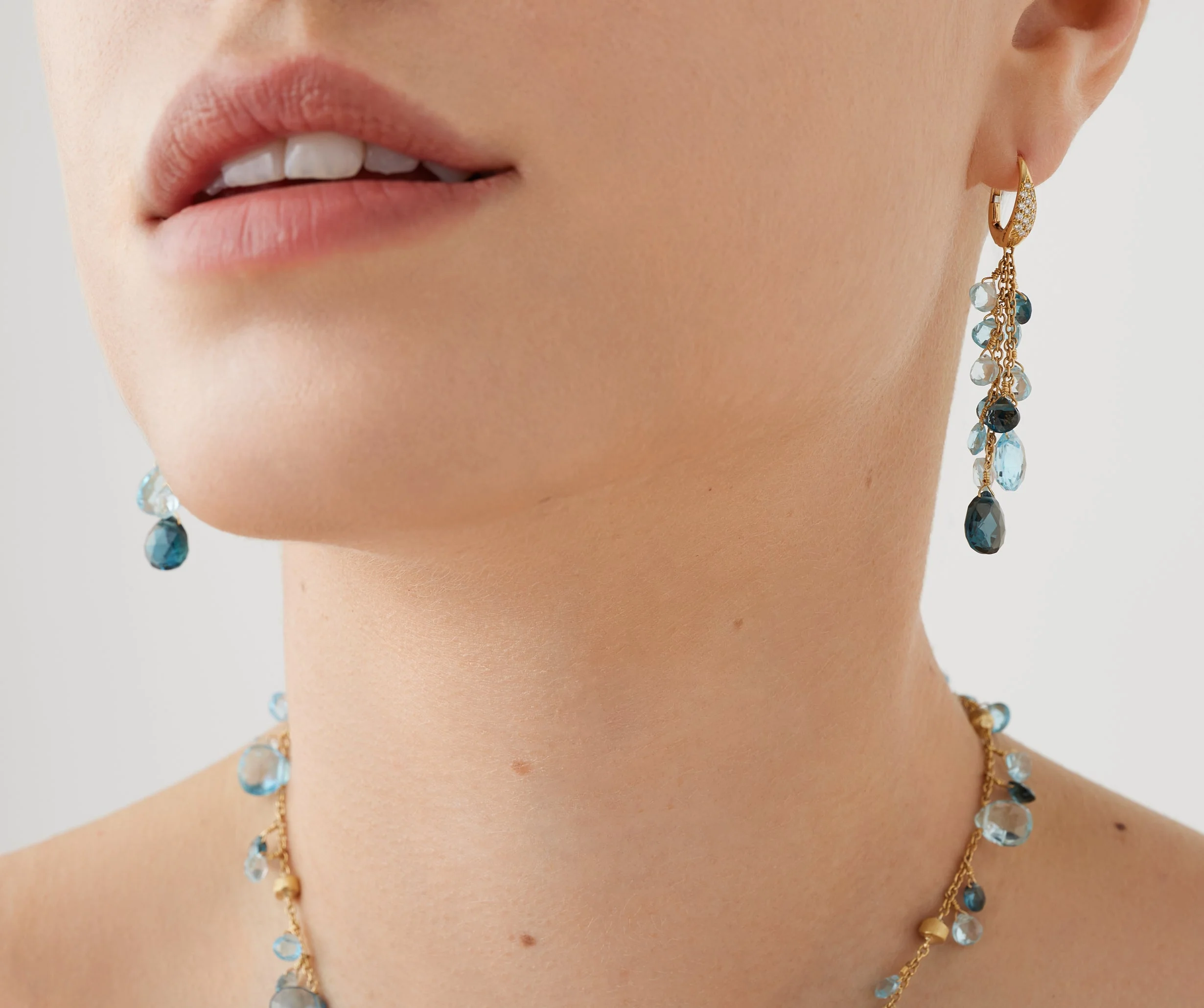 18K Yellow Gold Blue Topaz Two Strand Earrings with Diamonds, 2" - Image 2