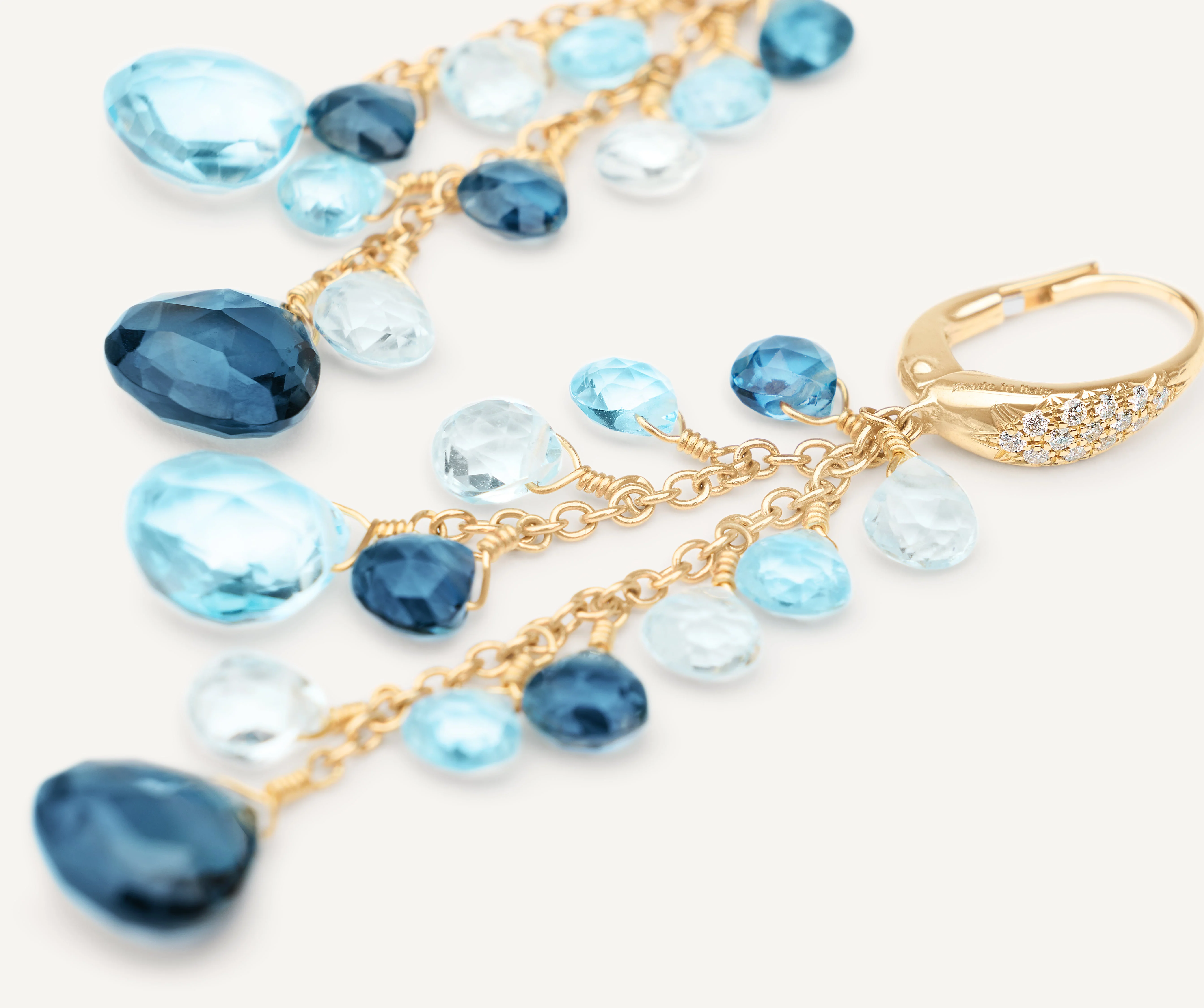 18K Yellow Gold Blue Topaz Two Strand Earrings with Diamonds, 2" - Image 3