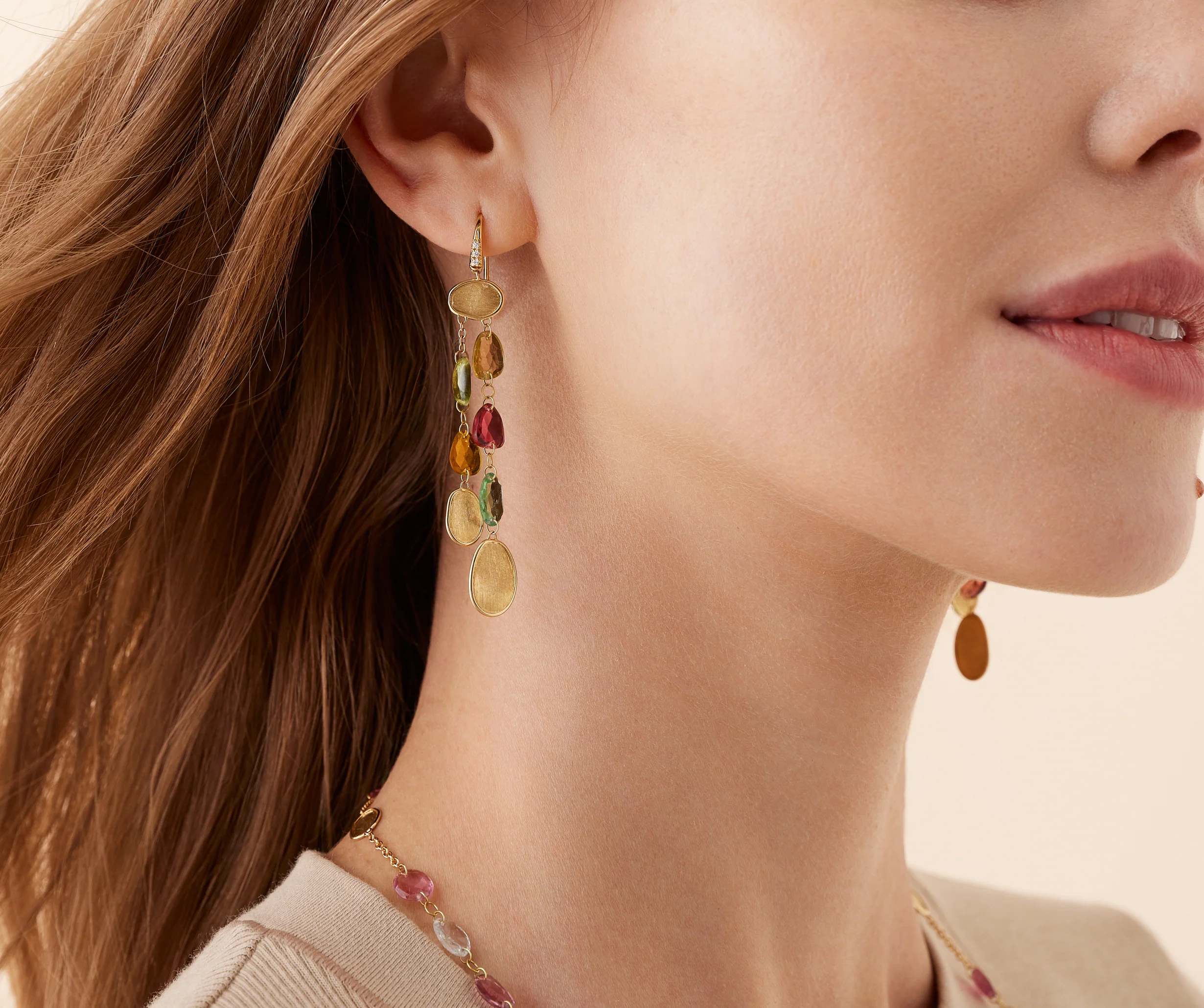 18K Yellow Gold Tourmaline Earrings with Diamonds, 2.7" - Image 2