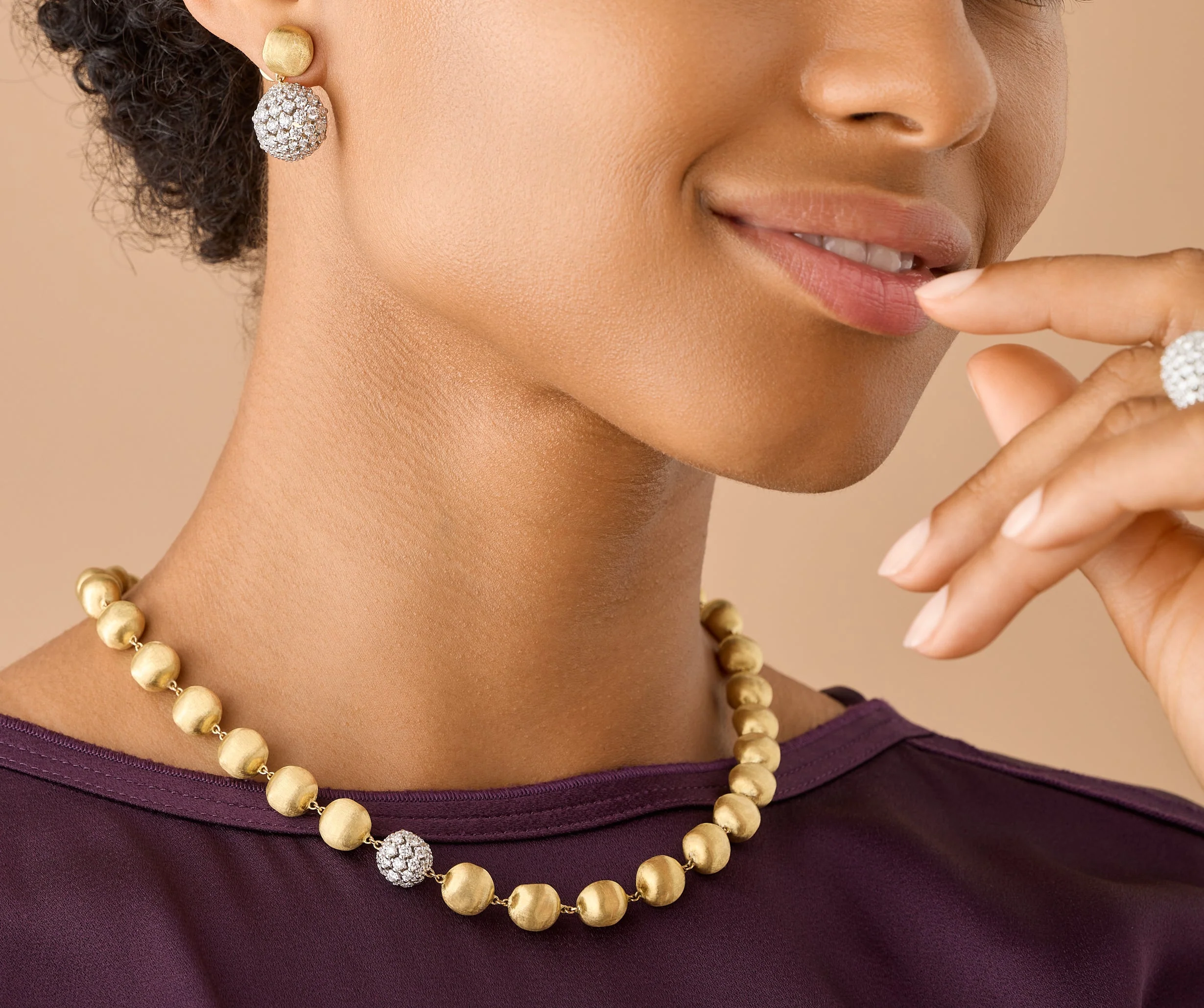 18K Yellow Gold Bead Necklace with Diamonds, 18" - Image 2