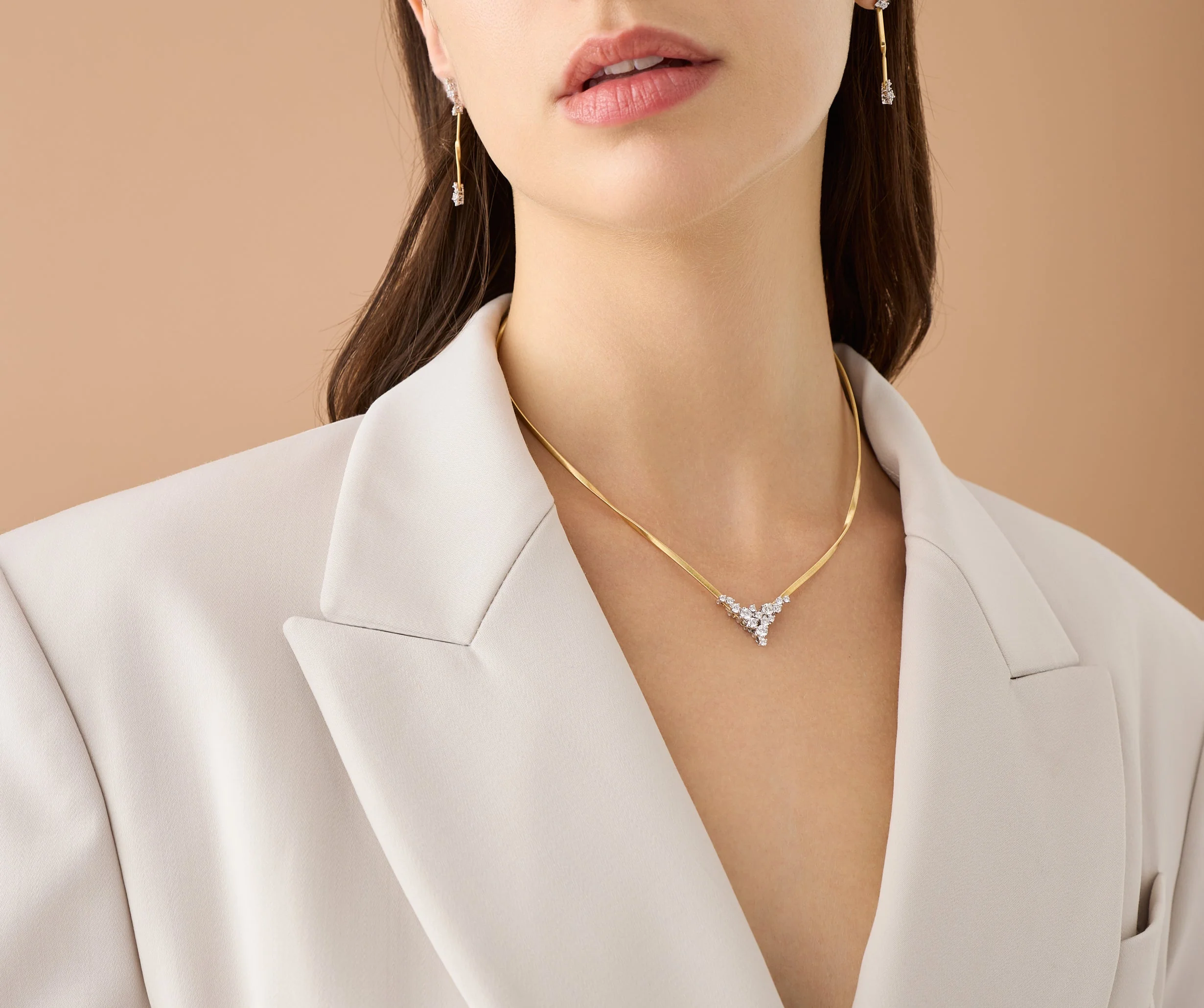 18K Yellow Gold Diamond V-Shaped Coil Necklace, 16" - Image 2