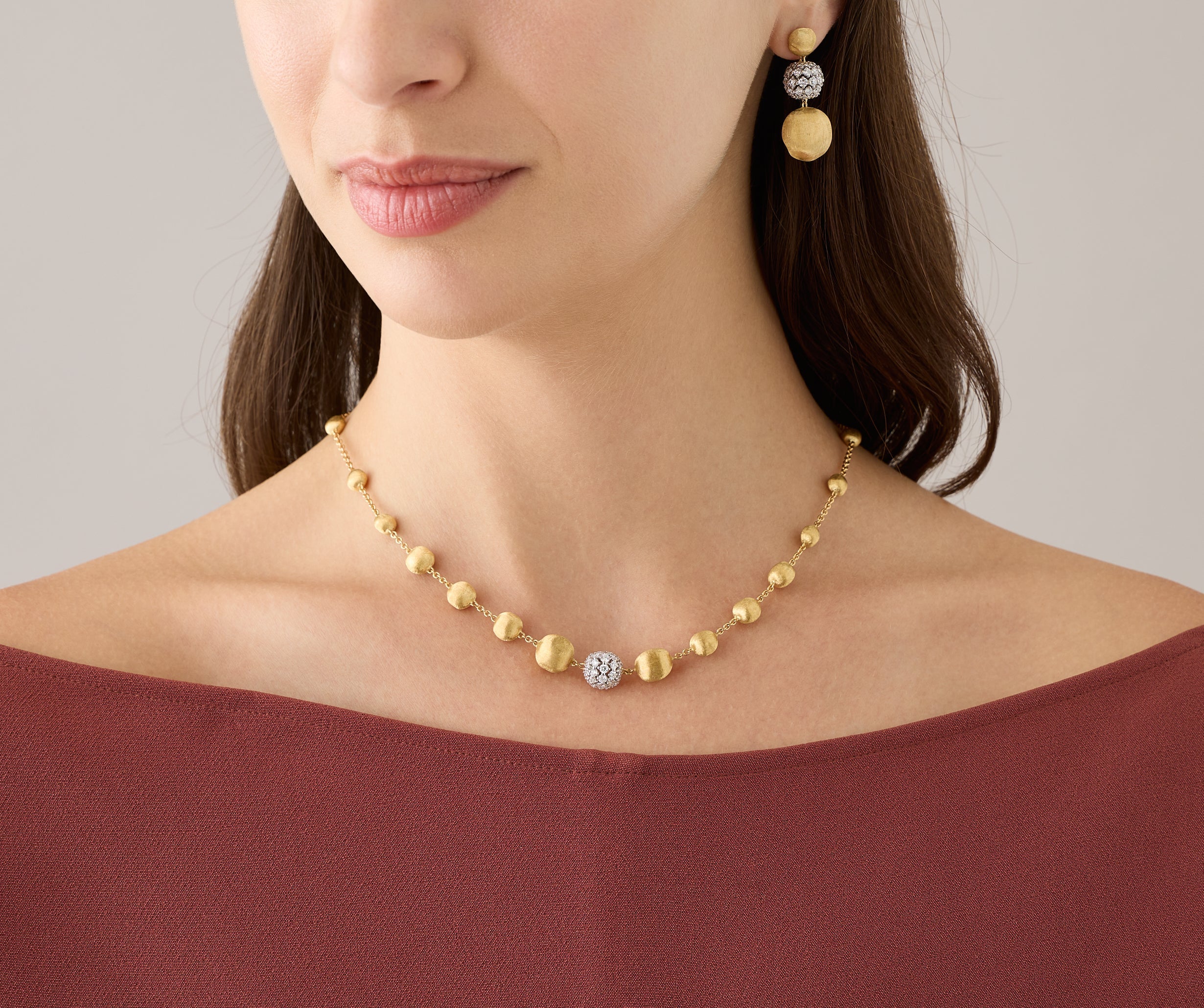 18K Yellow Gold Bead Necklace with Diamonds, 17.25" - Image 2