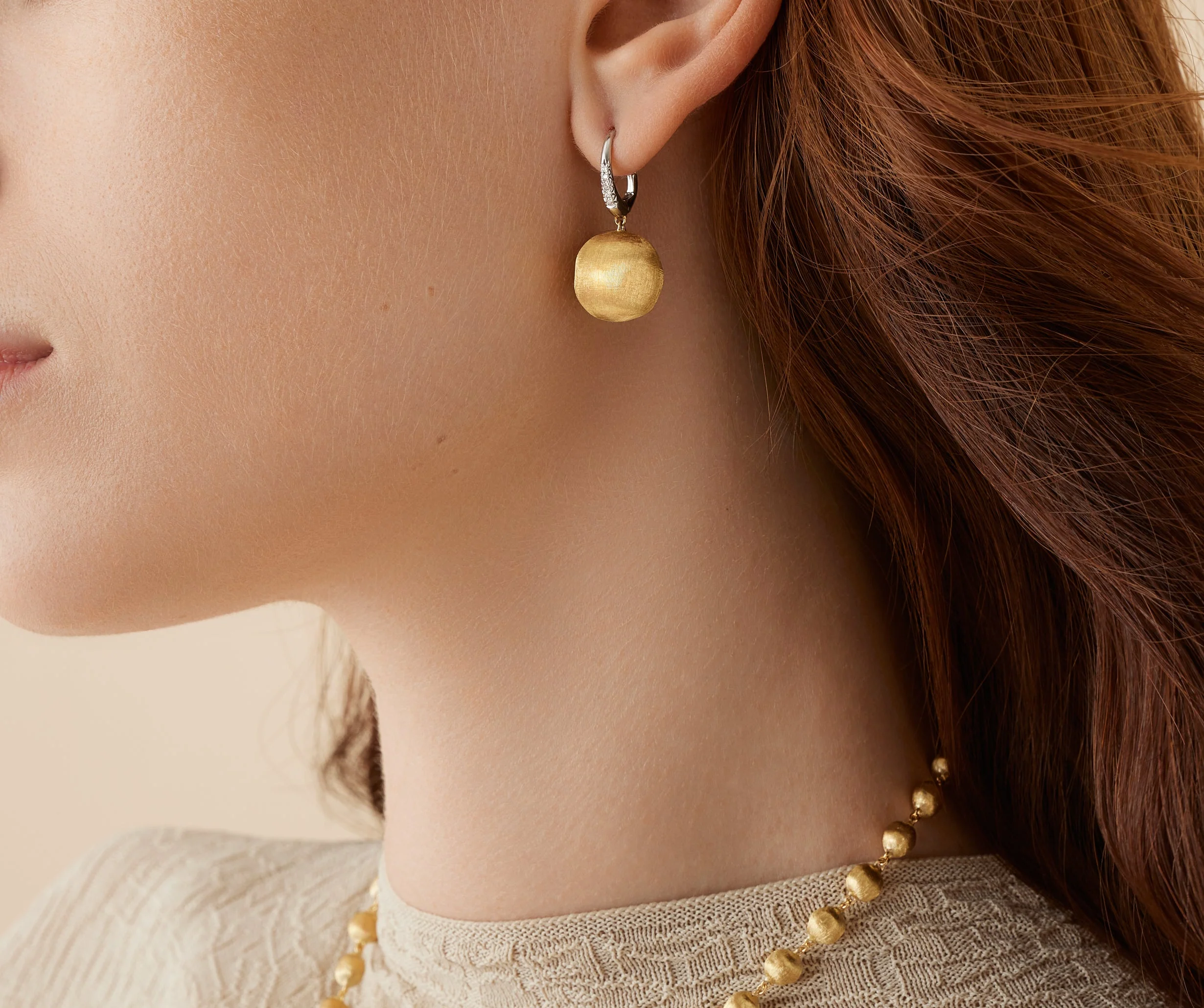 18K Yellow Gold Bead Earrings with Diamonds, 1.1" - Image 2