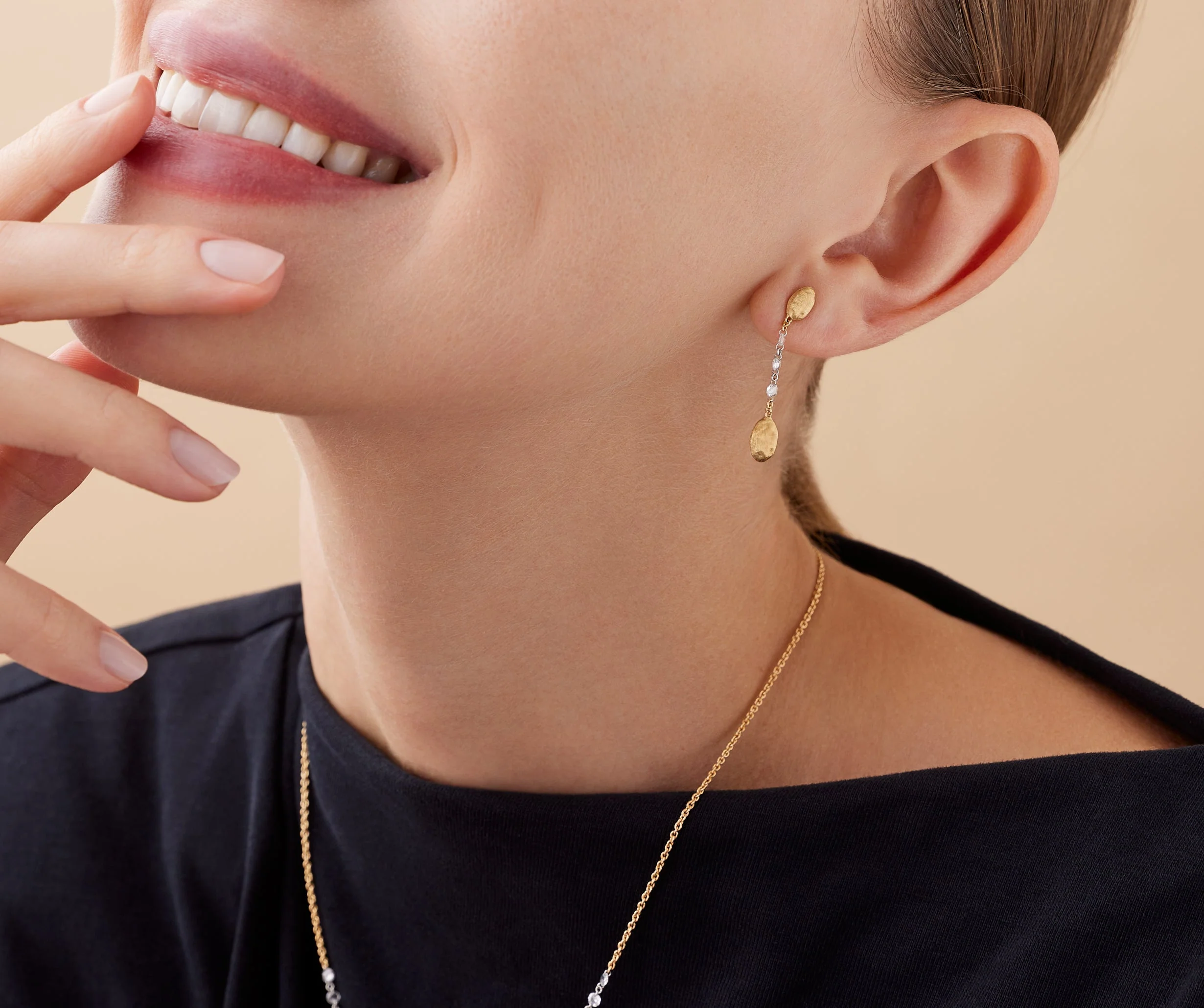 18K Yellow Gold Diamond Bean Earrings, 1.3" - Image 2