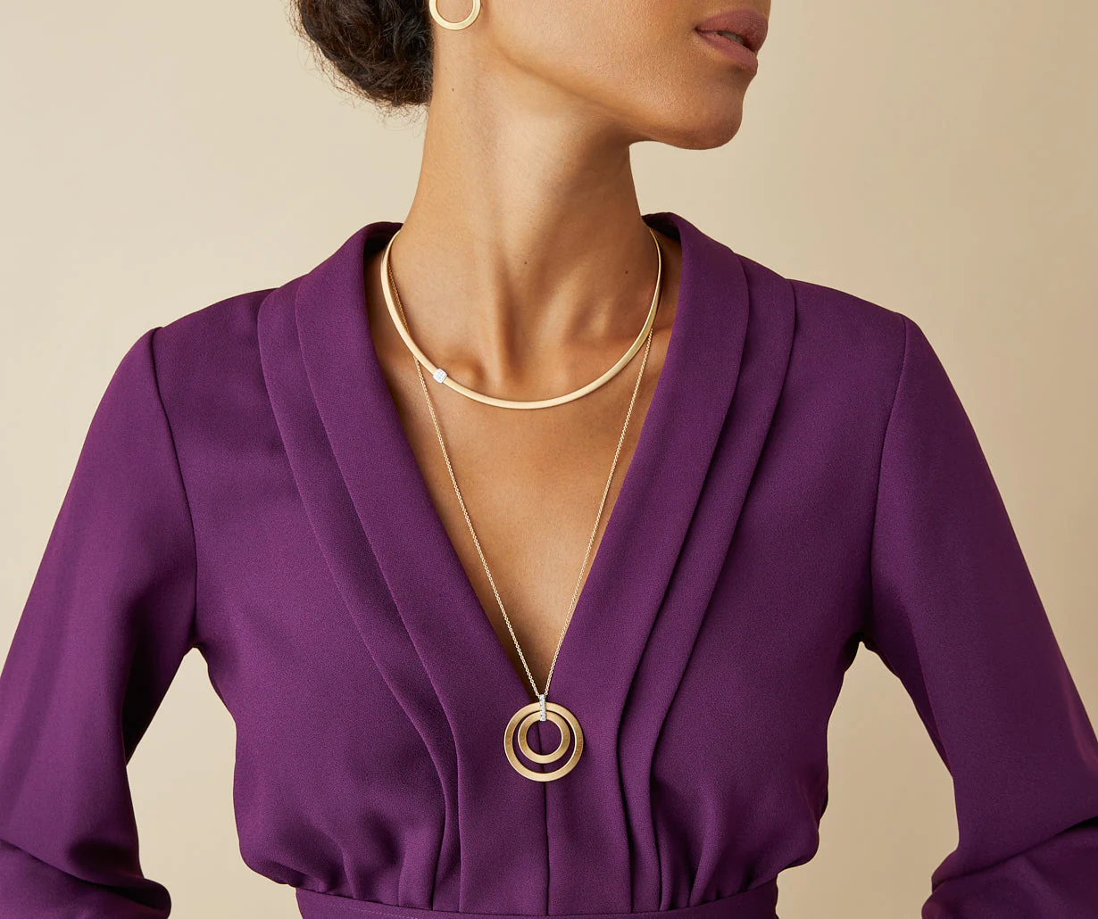18K Yellow Gold Coil Circular Pendant Necklace with Diamonds, 31.5" - Image 2