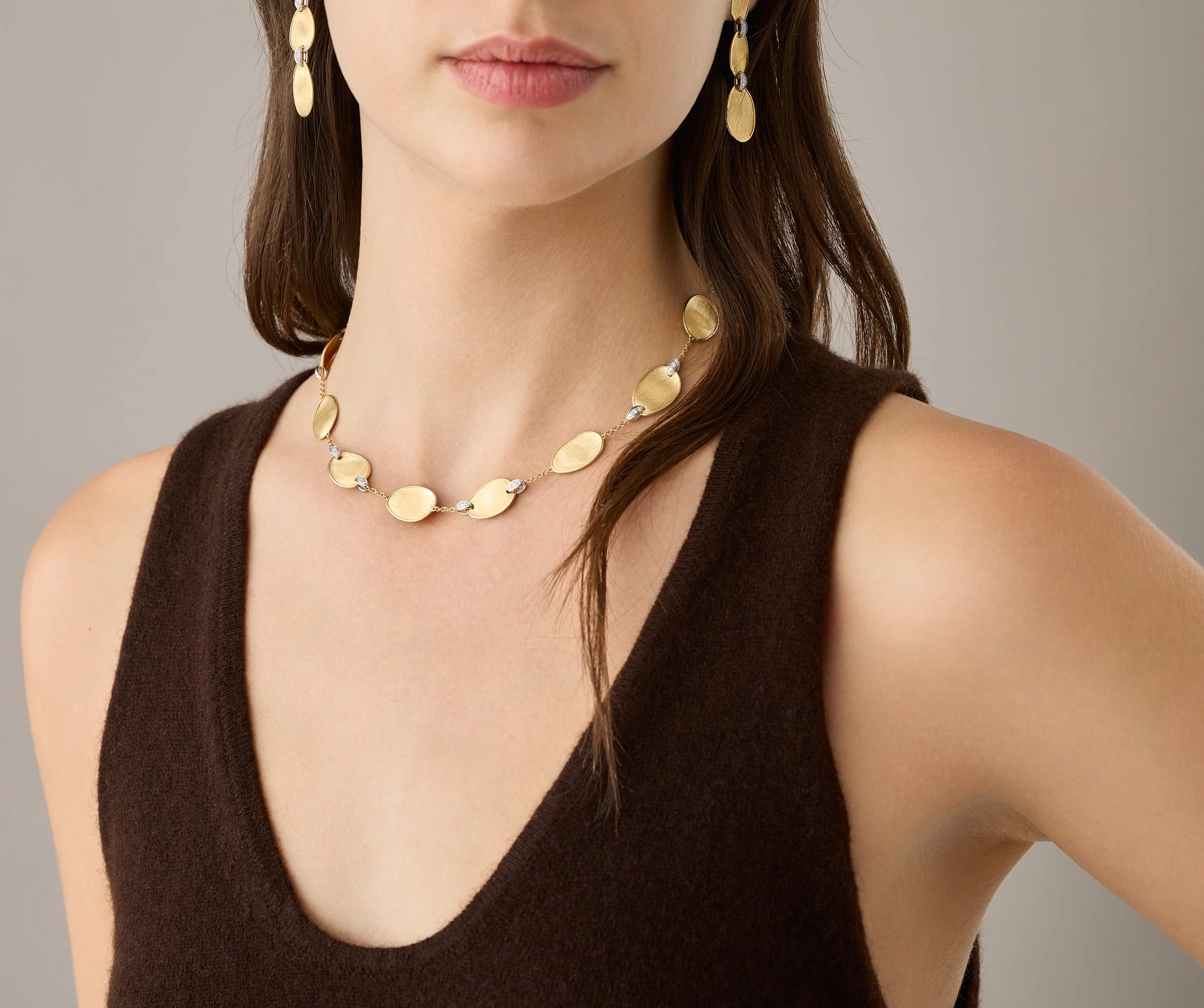18K Yellow Gold Petal Necklace with Diamonds, 17" - Image 2
