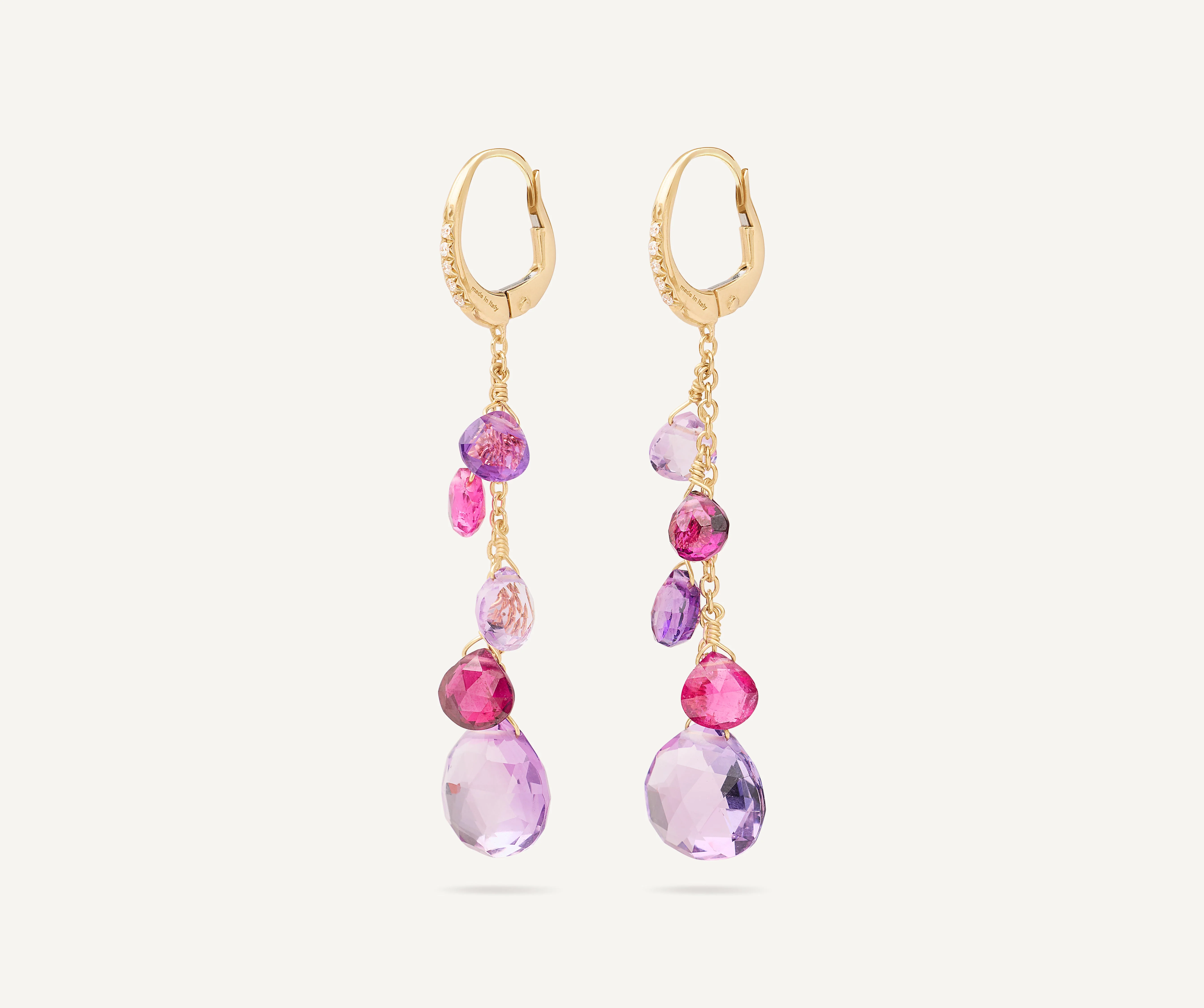 18K Yellow Gold Amethyst and Pink Tourmaline Earrings with Diamonds, 2"