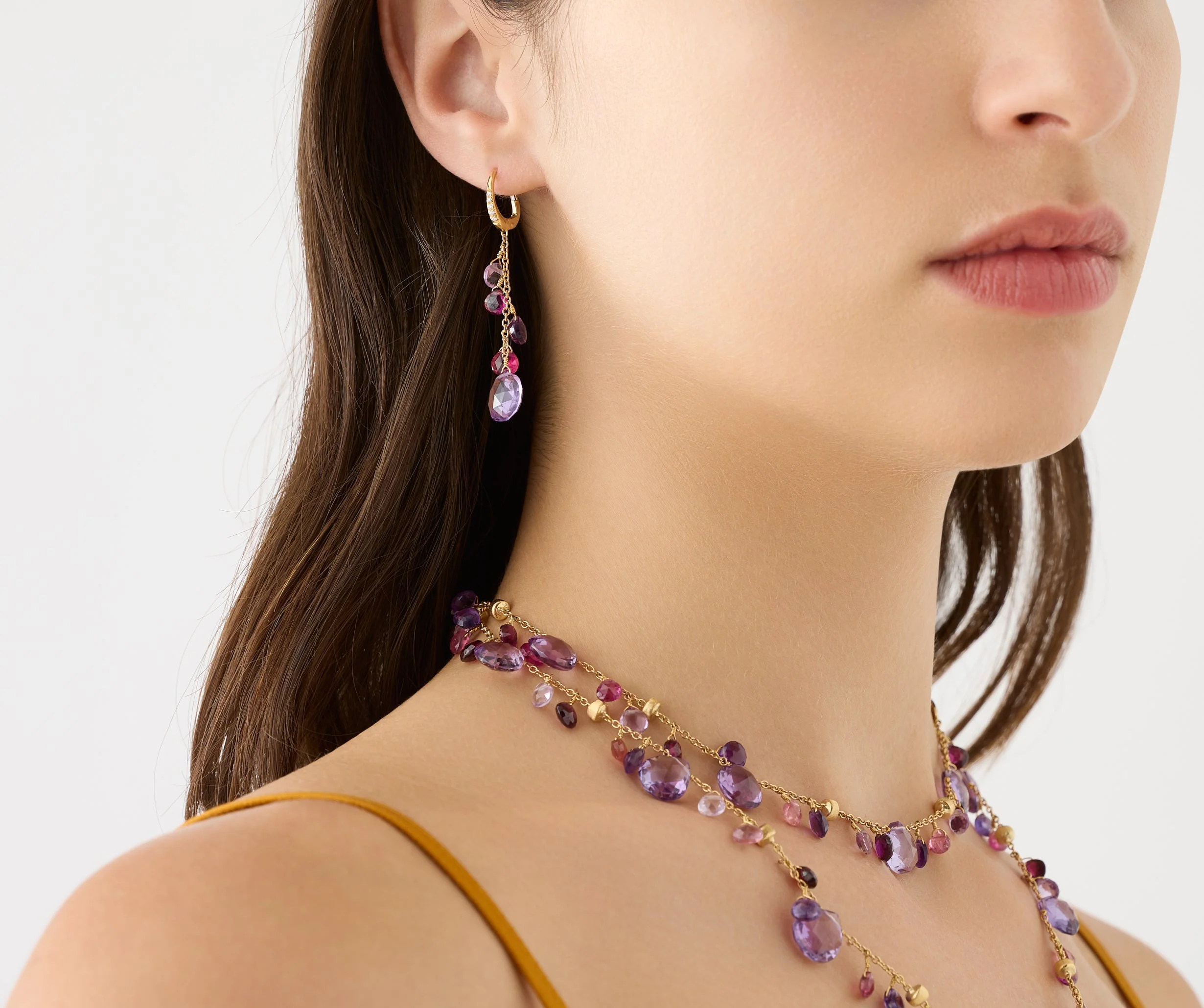 18K Yellow Gold Amethyst and Pink Tourmaline Earrings with Diamonds, 2" - Image 2