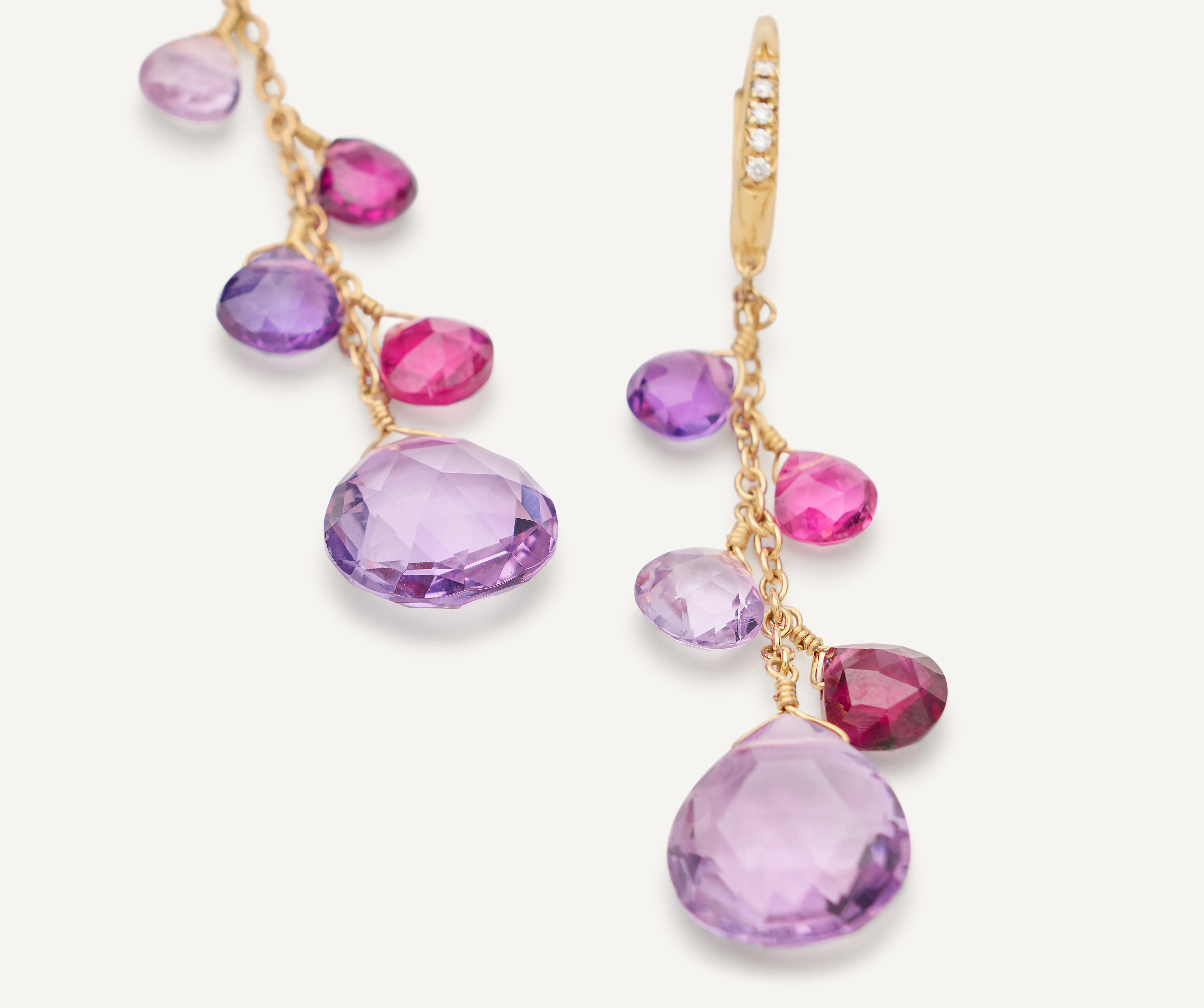 18K Yellow Gold Amethyst and Pink Tourmaline Earrings with Diamonds, 2" - Image 3