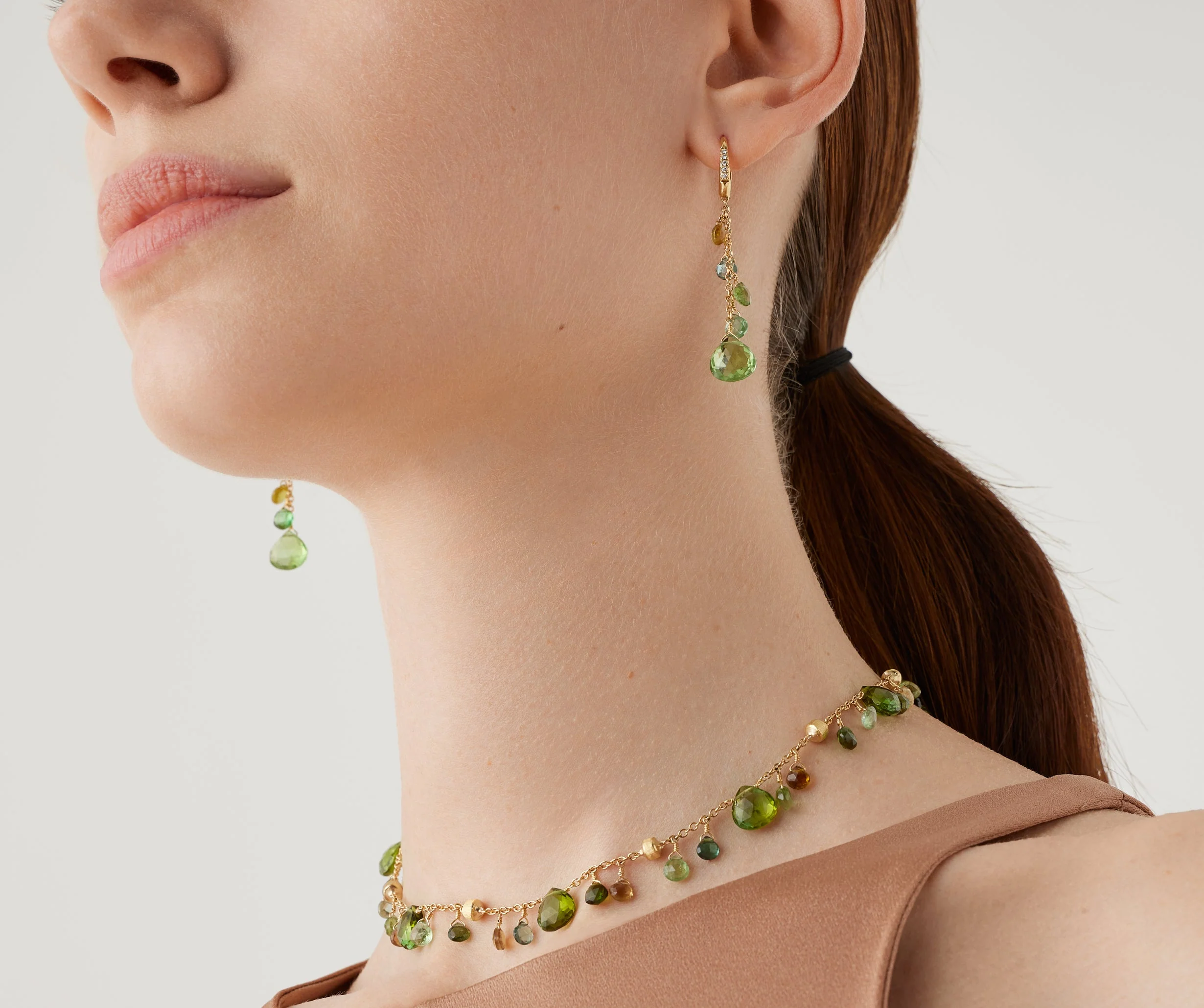 18K Yellow Gold Green Tourmaline Earrings with Diamonds, 2" - Image 2