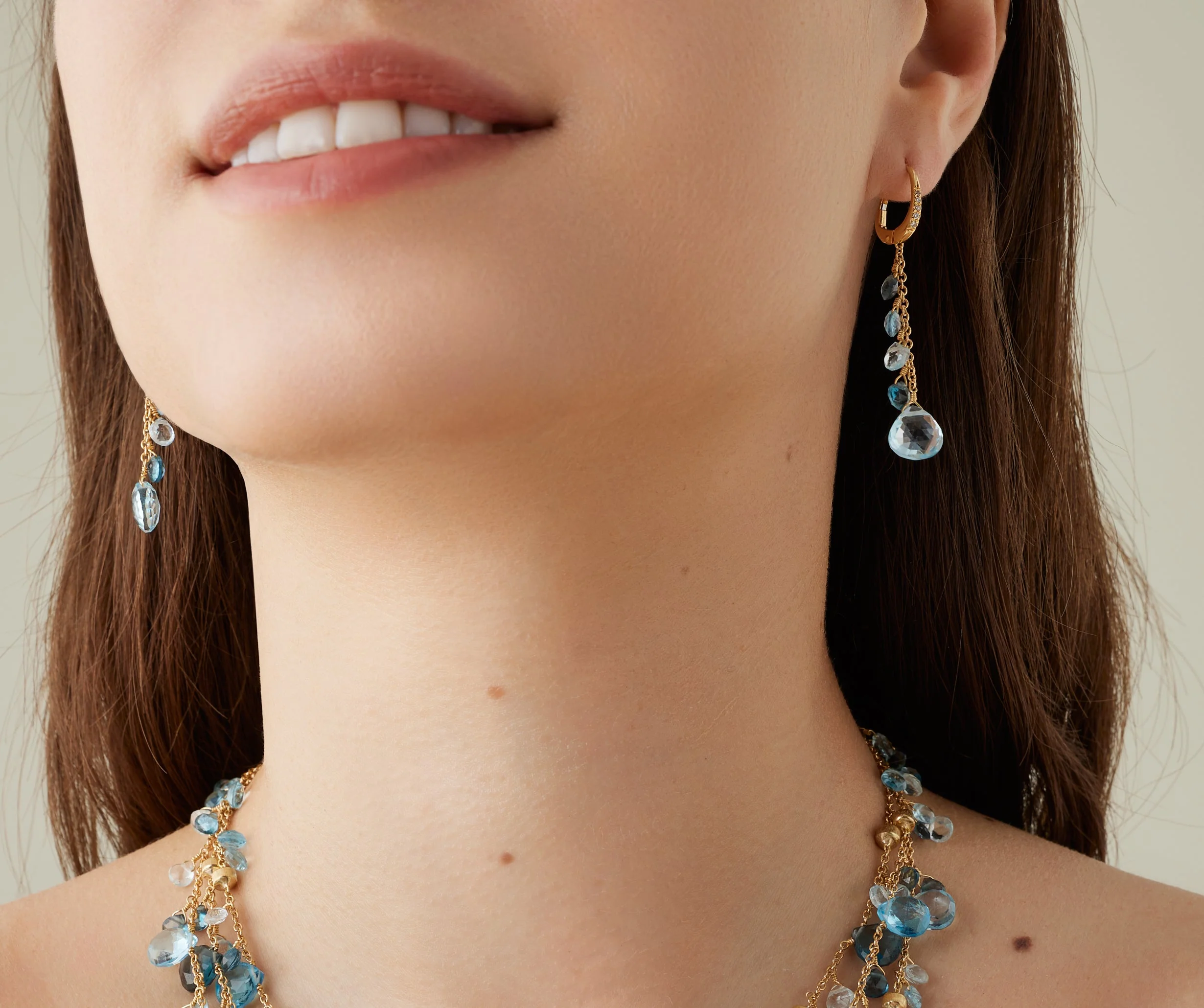 18K Yellow Gold Blue Topaz Earrings with Diamonds, 2" - Image 2