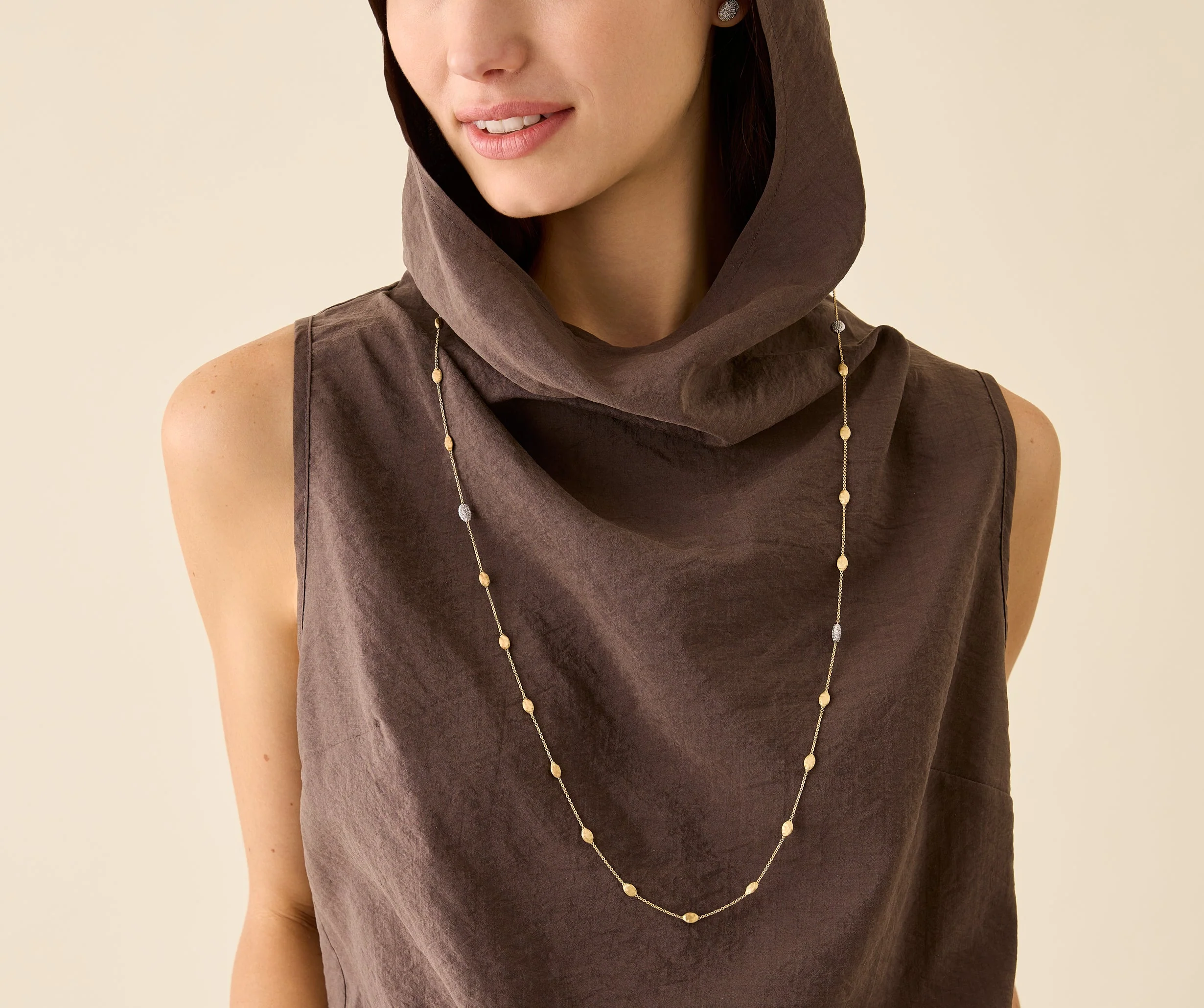 18K Yellow Gold Bean Necklace with Diamonds, 36" - Image 2