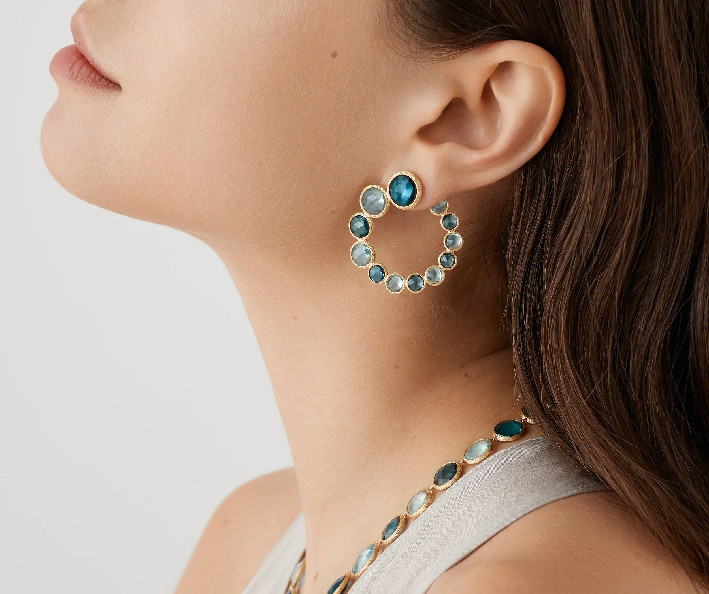 18K Yellow Gold Blue Topaz Wrap Hoops, 1.5" - Image 2