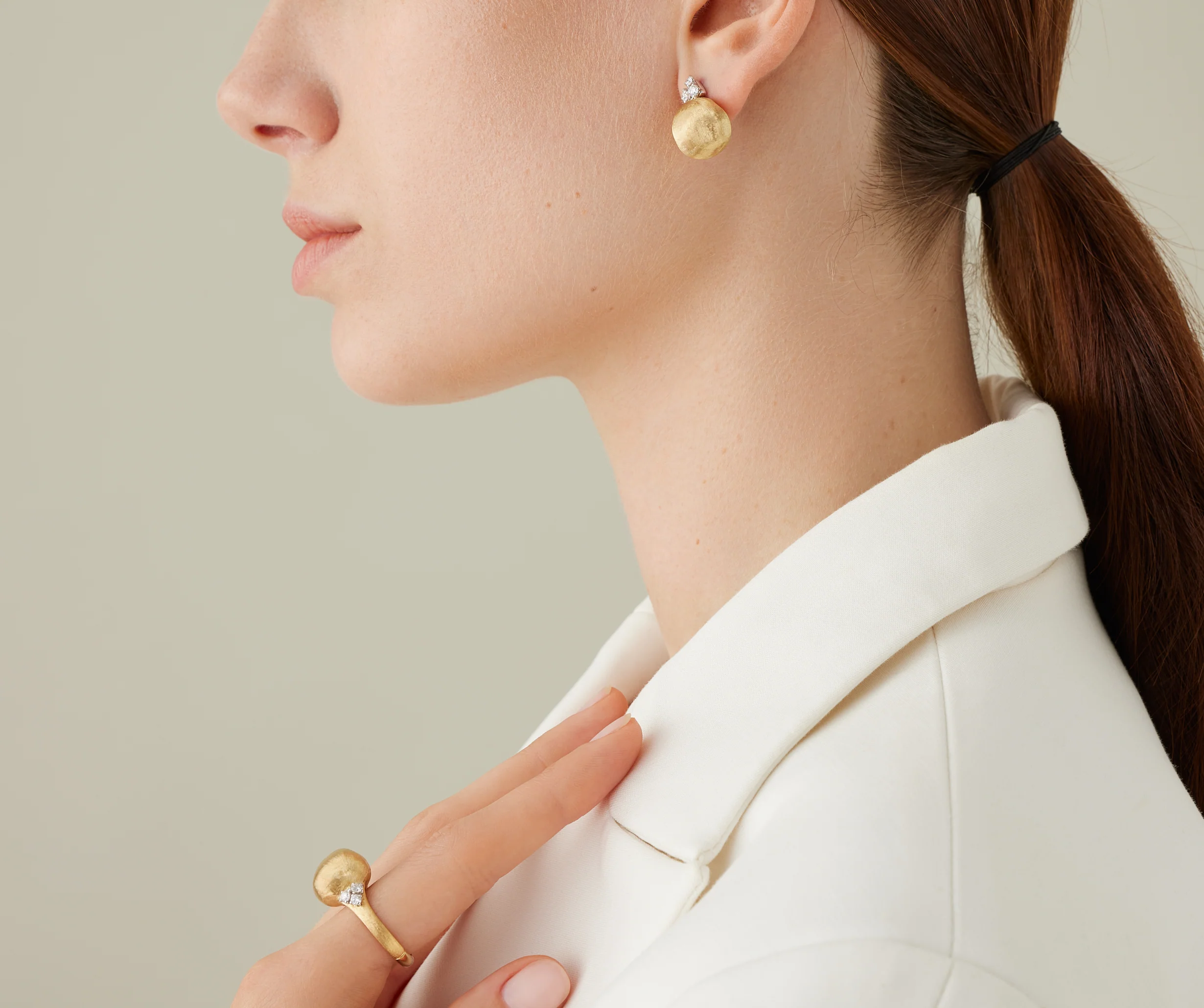 18K Yellow Gold Bead Earrings with Diamonds, 0.8" - Image 2