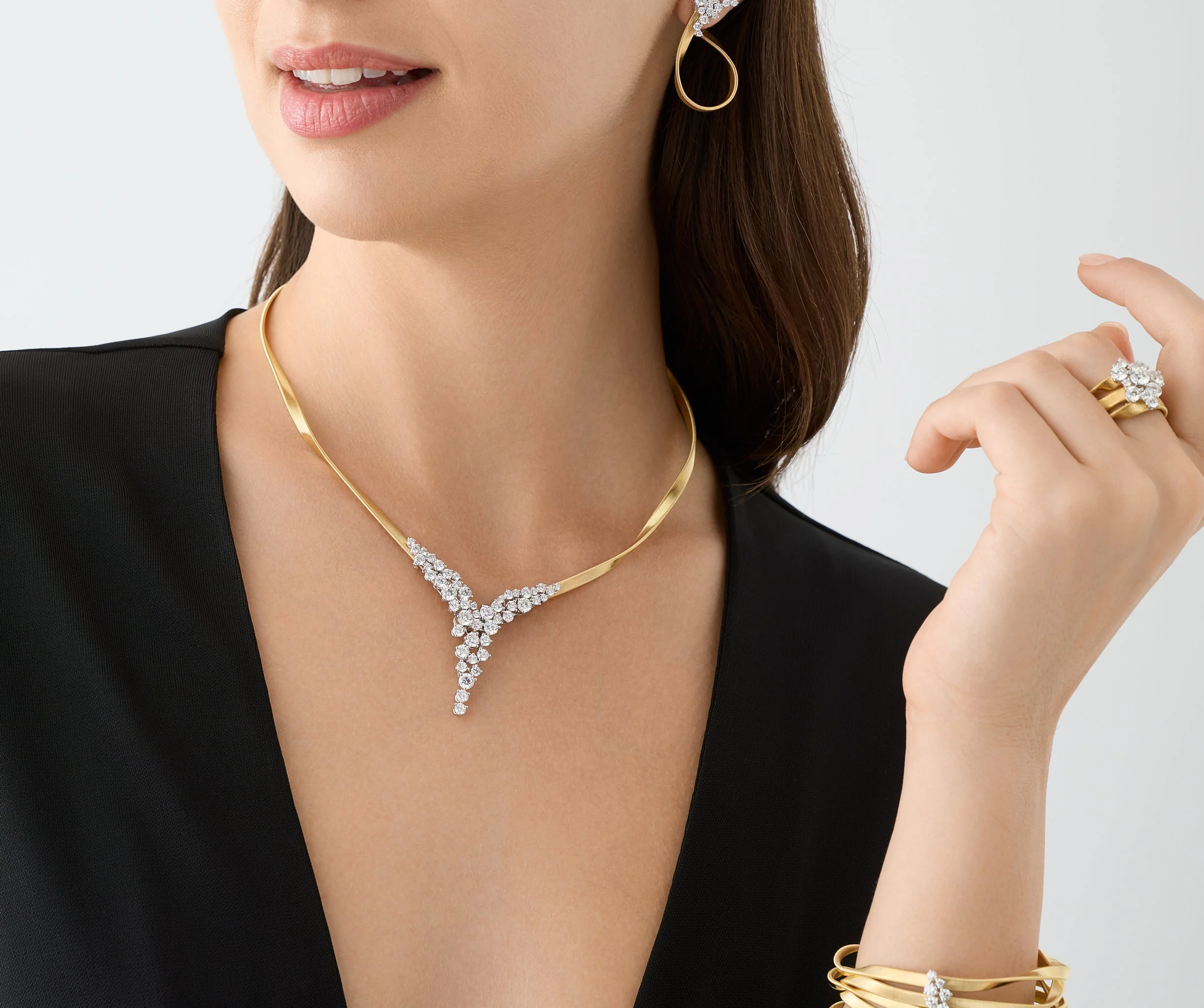 18K Yellow Gold Diamond V-Shaped Coil Necklace, 16.5" - Image 2