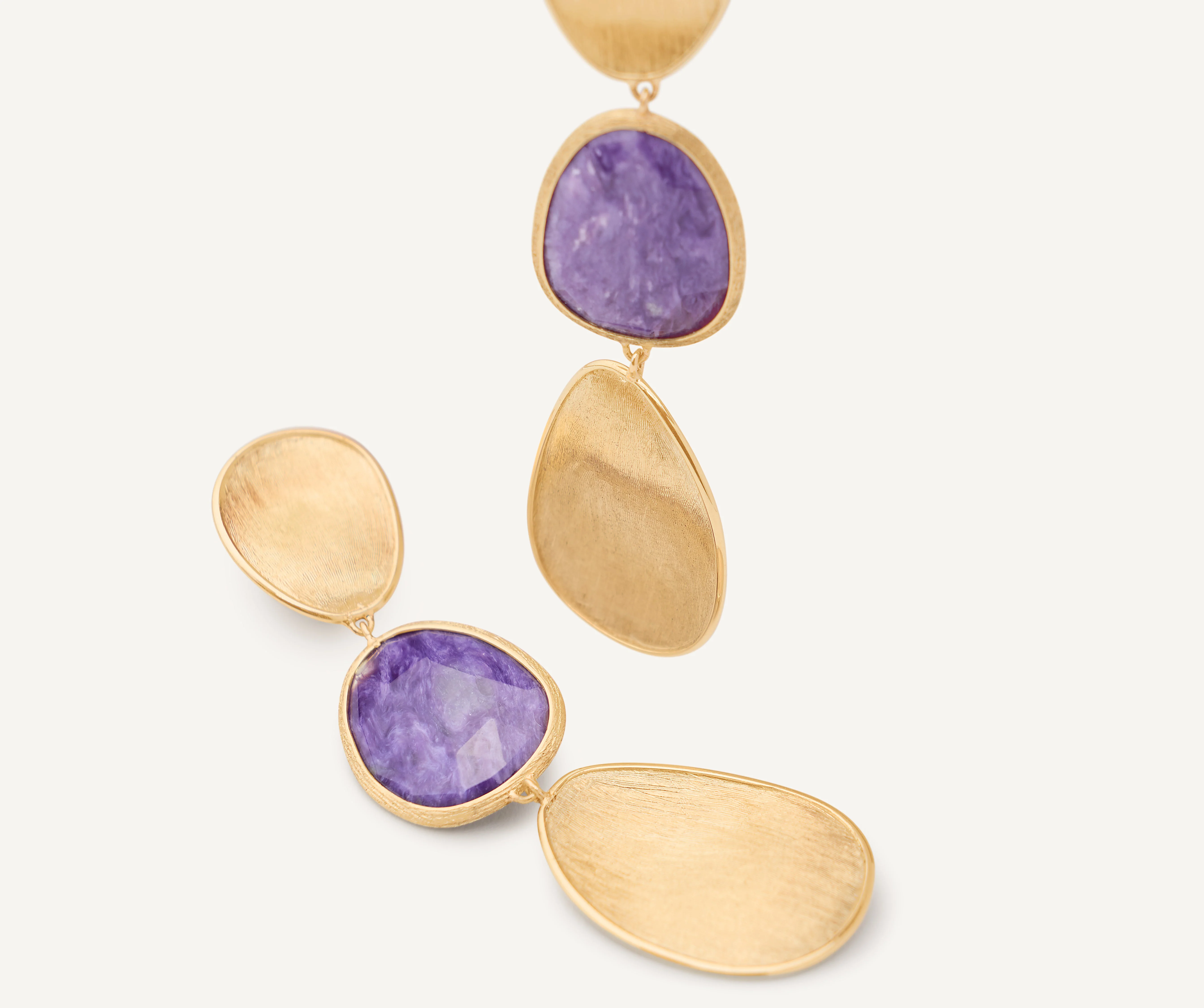 18K Yellow Gold Charoite Earrings, 2.2" - Image 3