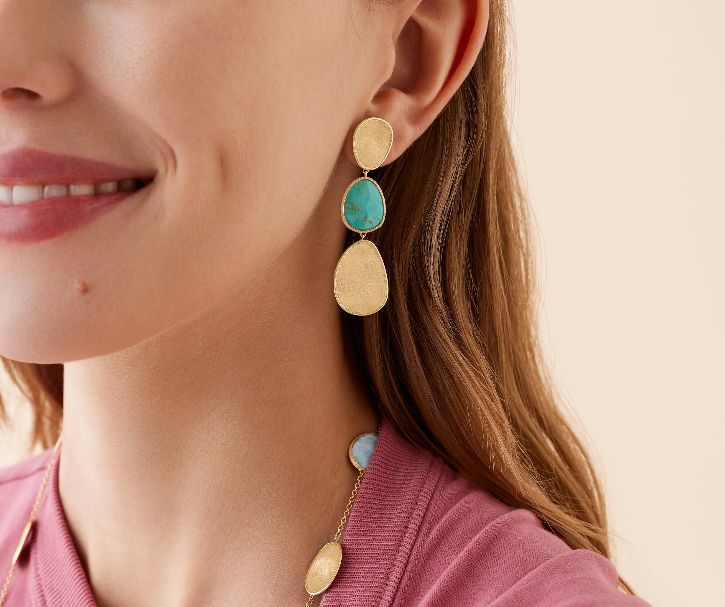 18K Yellow Gold Turquoise Earrings, 2.2" - Image 2